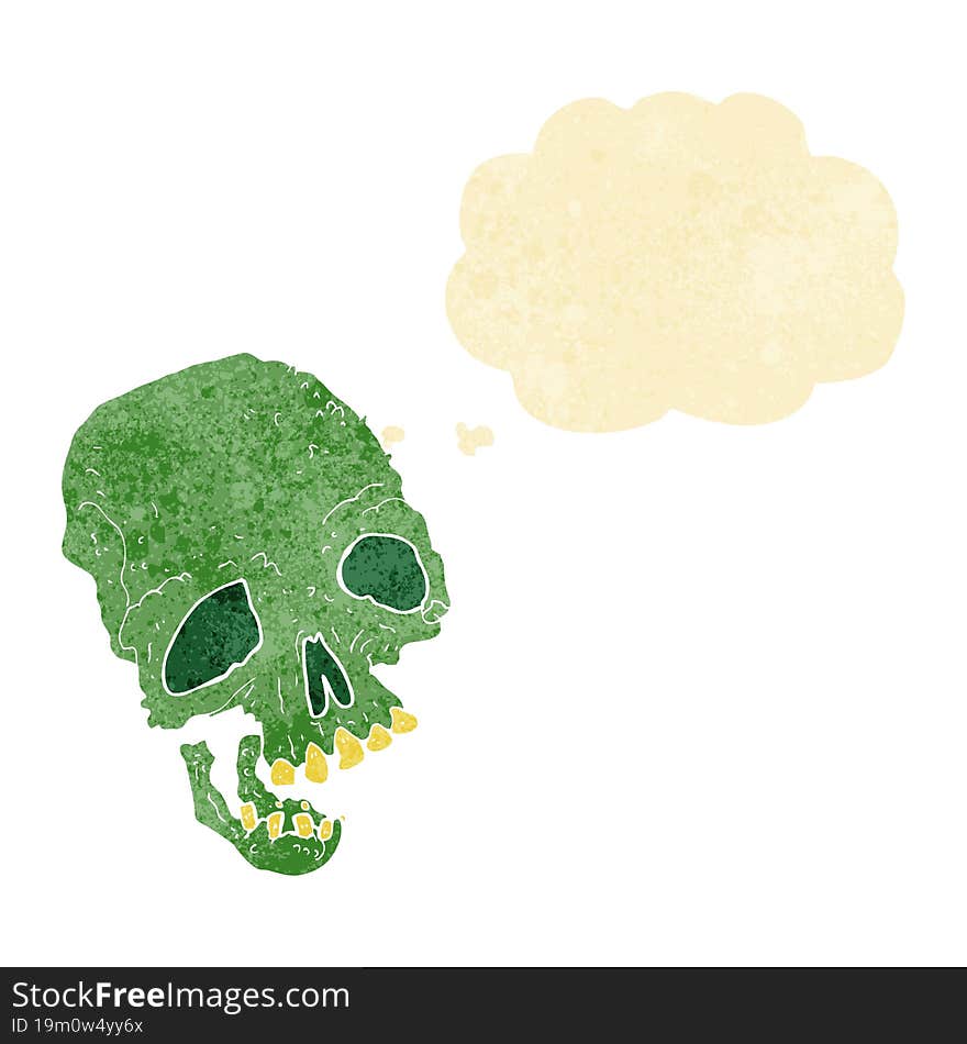 cartoon ancient spooky skull with thought bubble