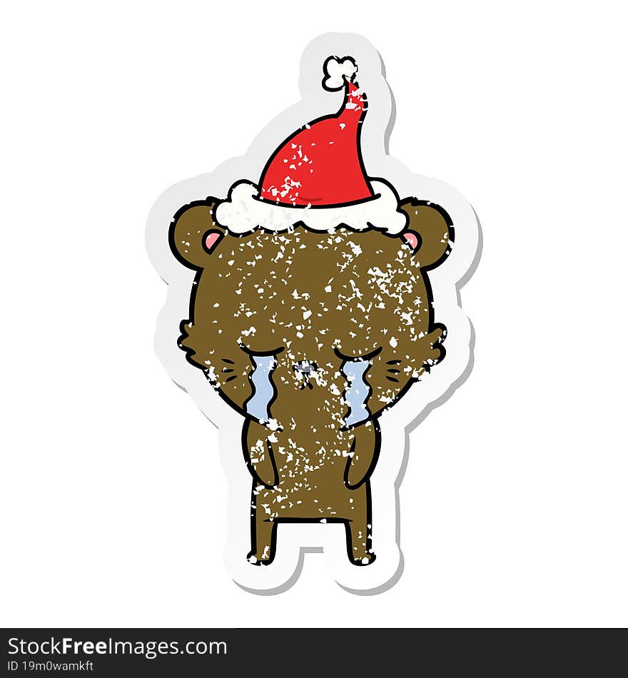 crying distressed sticker cartoon of a bear wearing santa hat