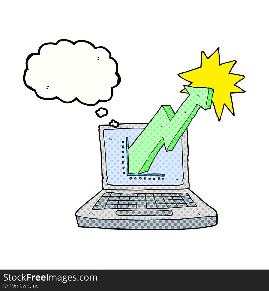 freehand drawn thought bubble cartoon laptop computer with business graph