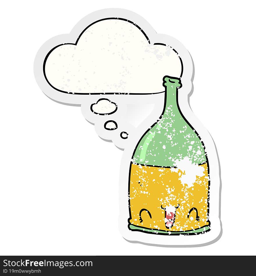 cartoon wine bottle and thought bubble as a distressed worn sticker