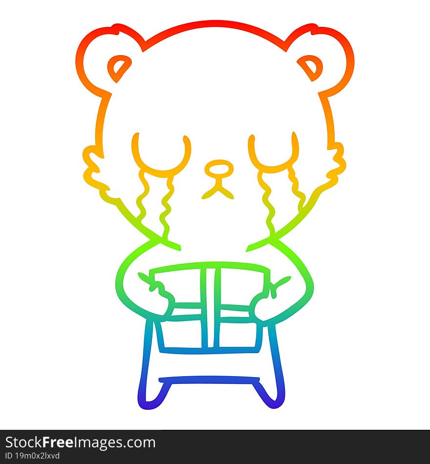 rainbow gradient line drawing crying cartoon bear with present