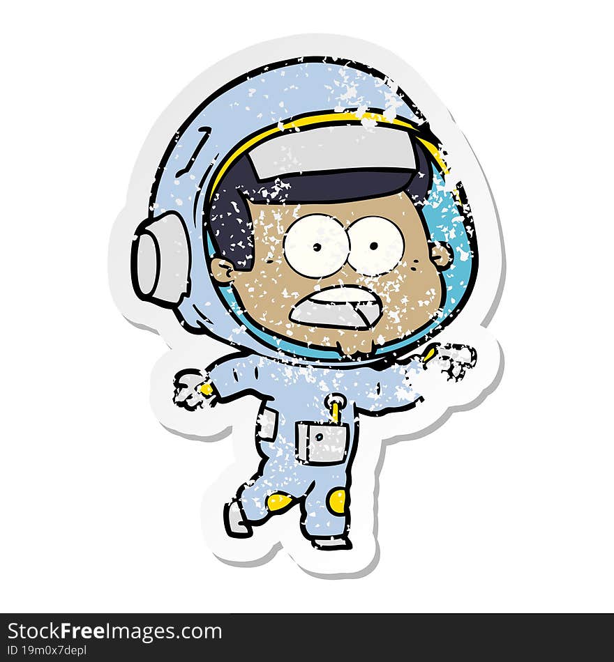 distressed sticker of a cartoon surprised astronaut