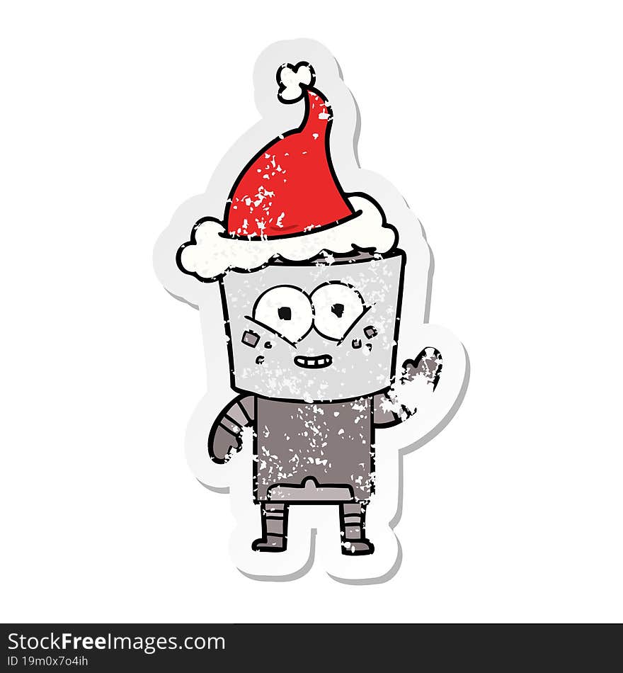 happy hand drawn distressed sticker cartoon of a robot waving hello wearing santa hat