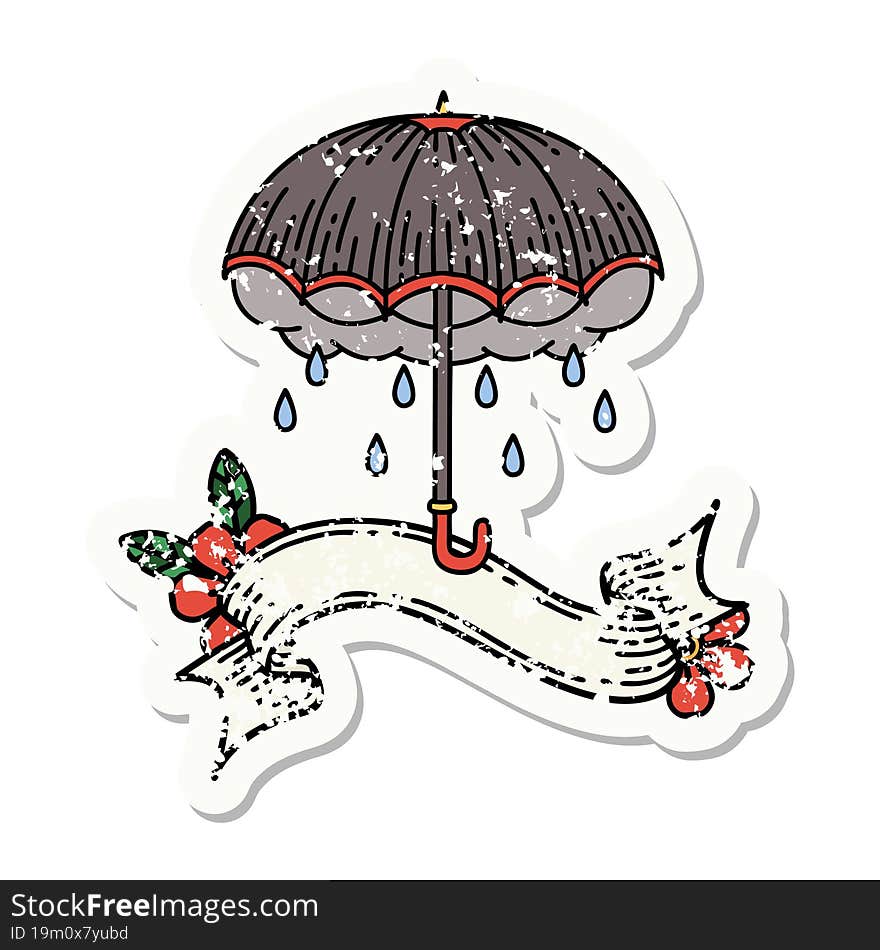 grunge sticker with banner of an umbrella and storm cloud