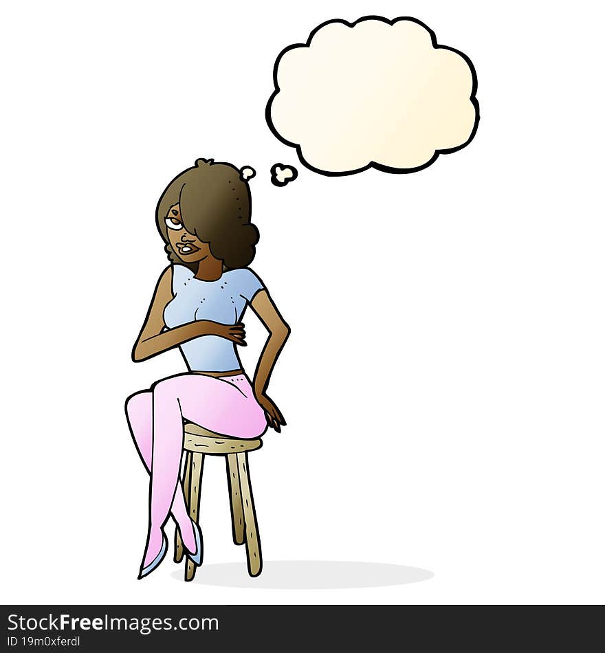 cartoon woman sitting on bar stool with thought bubble