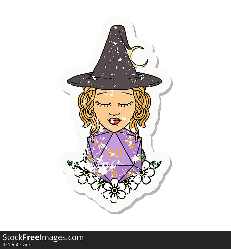 grunge sticker of a human witch with natural twenty dice roll. grunge sticker of a human witch with natural twenty dice roll