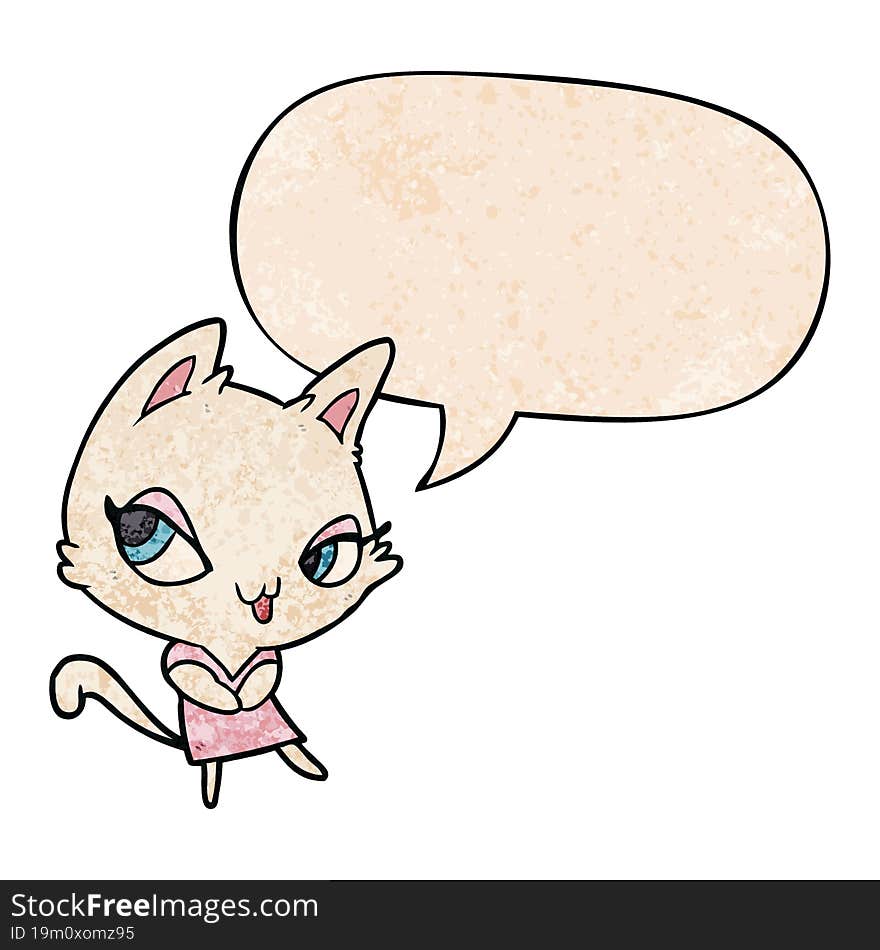 cute cartoon female cat with speech bubble in retro texture style