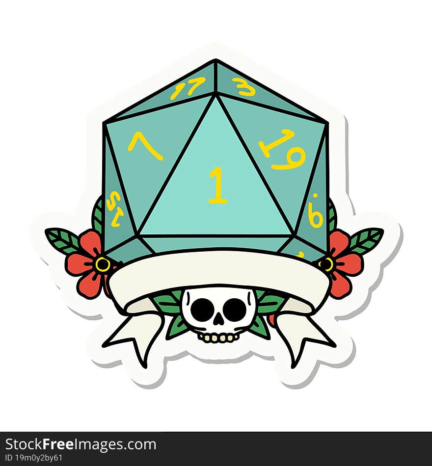 sticker of a natural one d20 dice roll. sticker of a natural one d20 dice roll