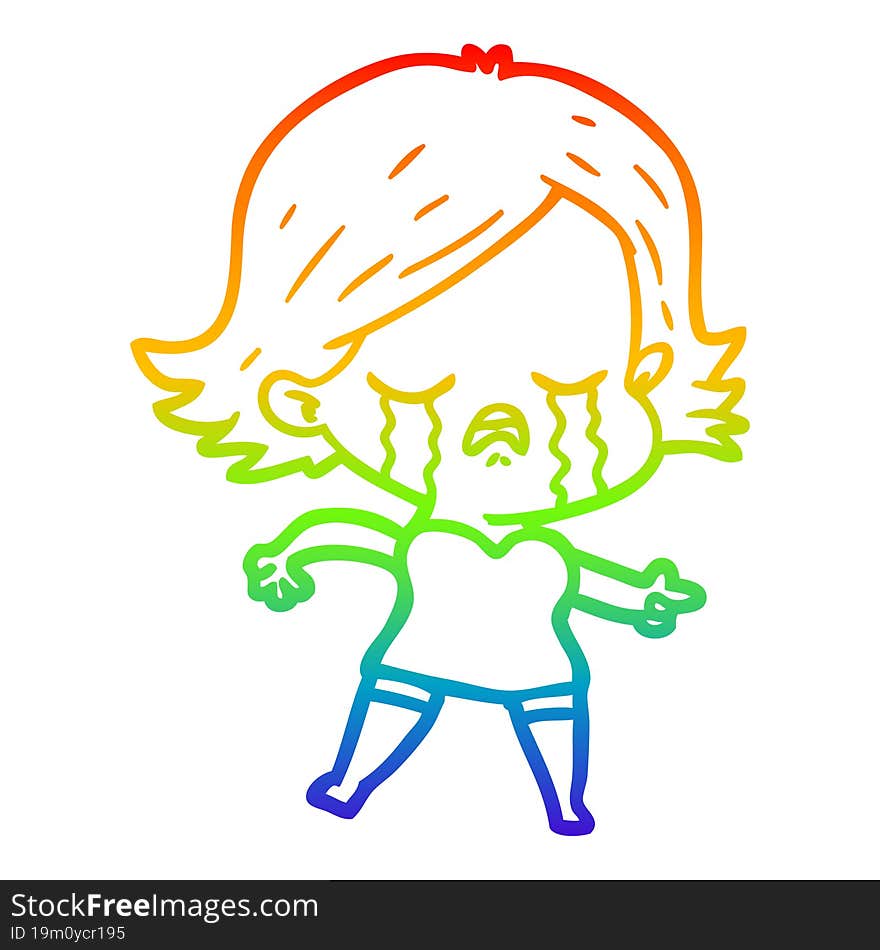 rainbow gradient line drawing cartoon girl crying and pointing