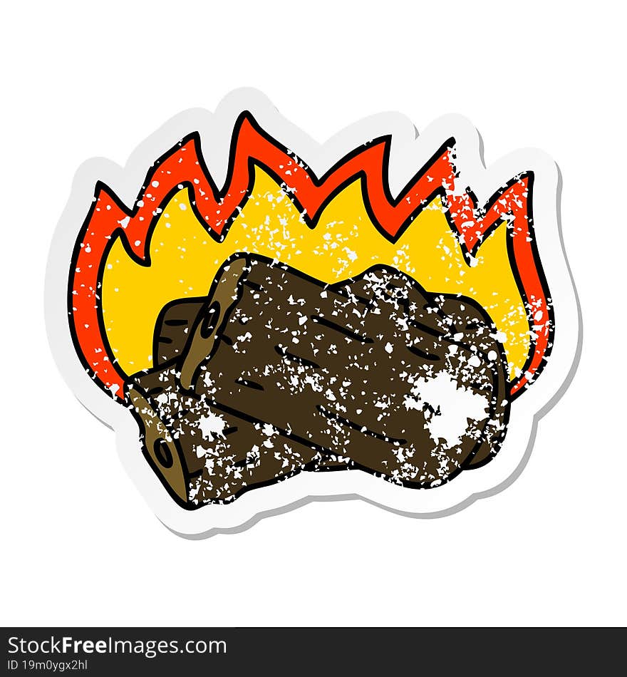 distressed sticker of a quirky hand drawn cartoon burning log