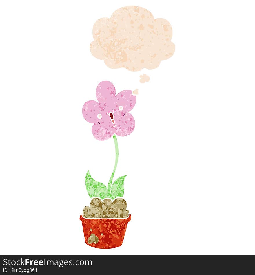 Cute Cartoon Flower And Thought Bubble In Retro Textured Style