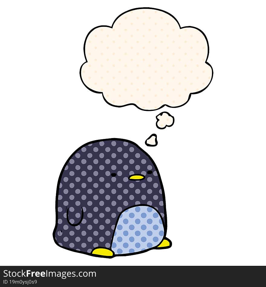 cute cartoon penguin and thought bubble in comic book style