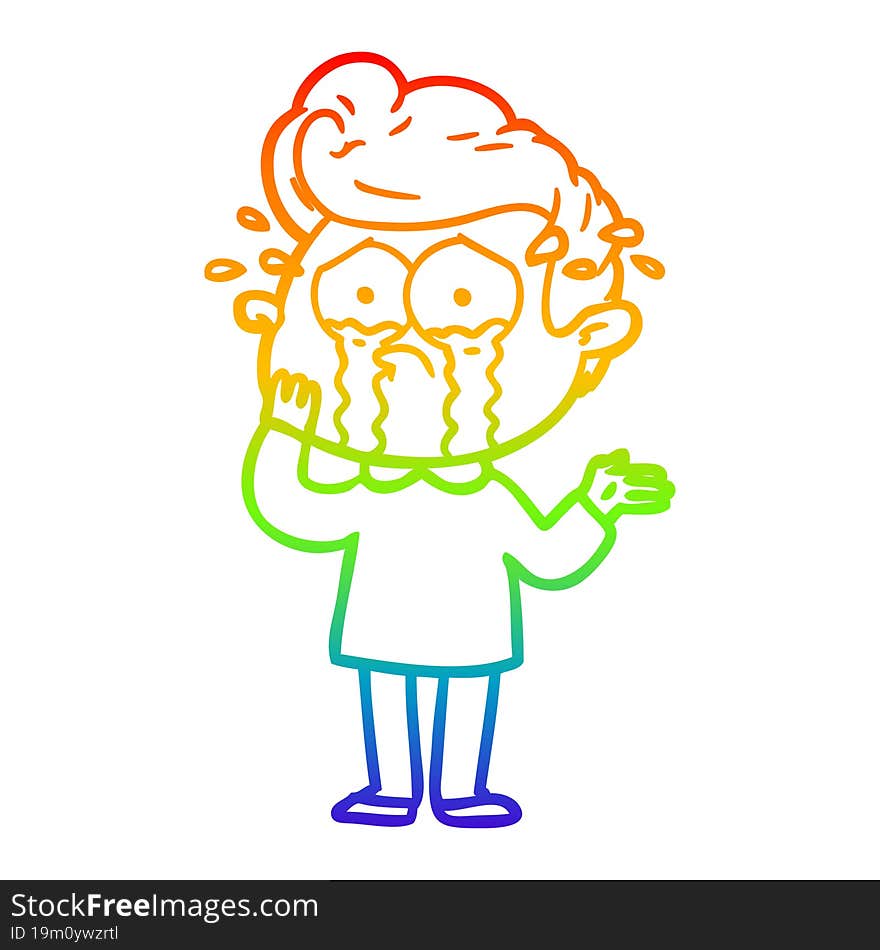 rainbow gradient line drawing of a cartoon worried crying man