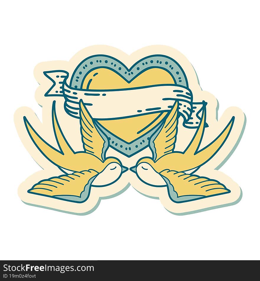 sticker of tattoo in traditional style of swallows and a heart with banner. sticker of tattoo in traditional style of swallows and a heart with banner