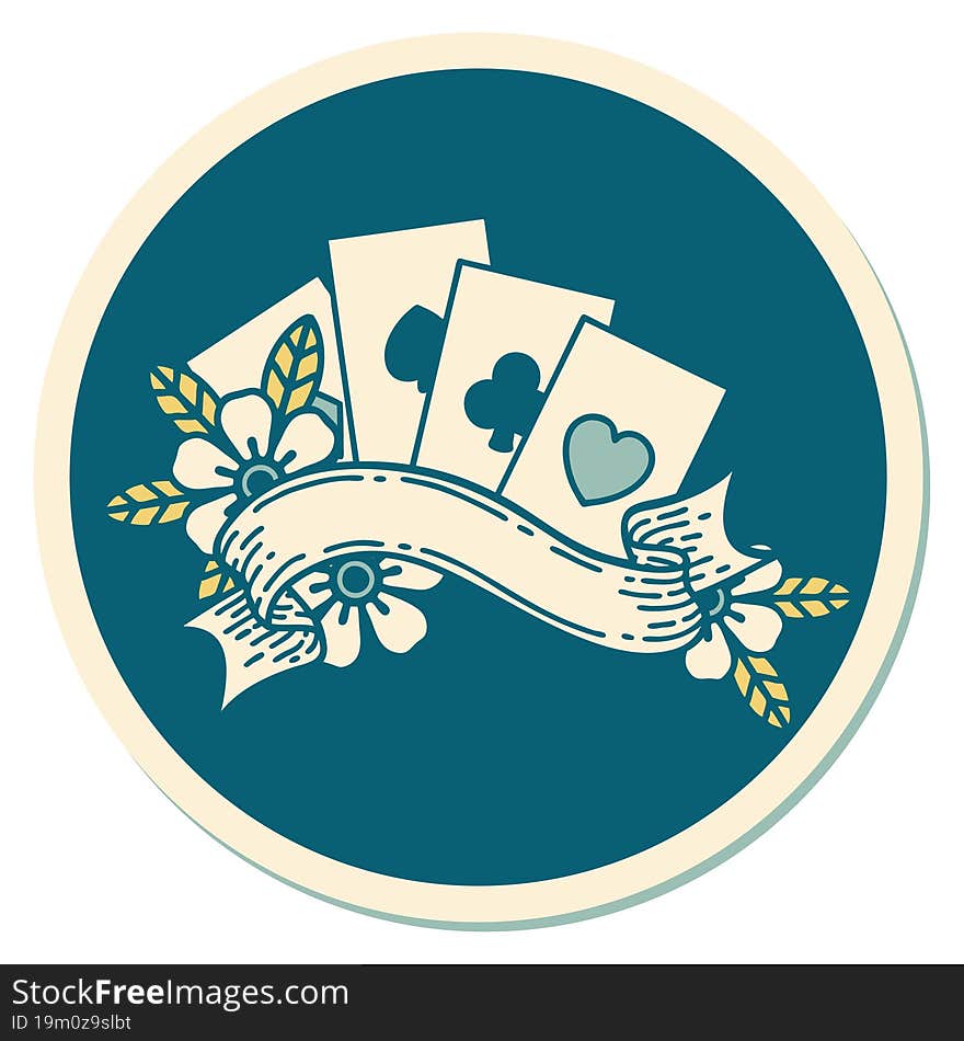 tattoo style sticker of cards and banner