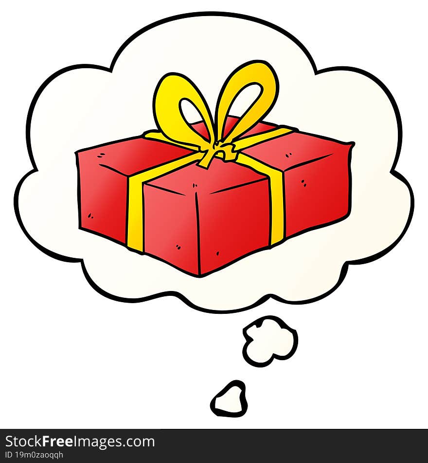 cartoon wrapped gift and thought bubble in smooth gradient style