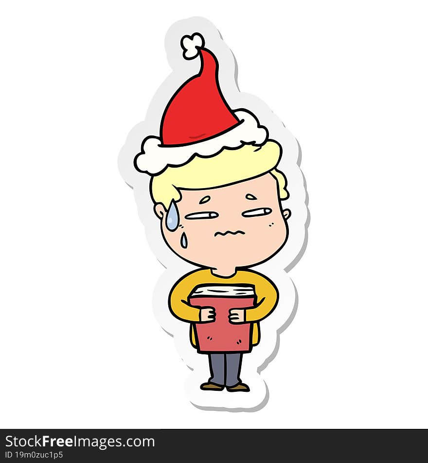 Sticker Cartoon Of A Anxious Boy Carrying Book Wearing Santa Hat