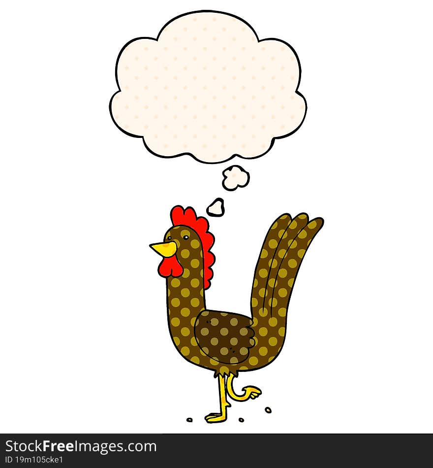 cartoon rooster with thought bubble in comic book style