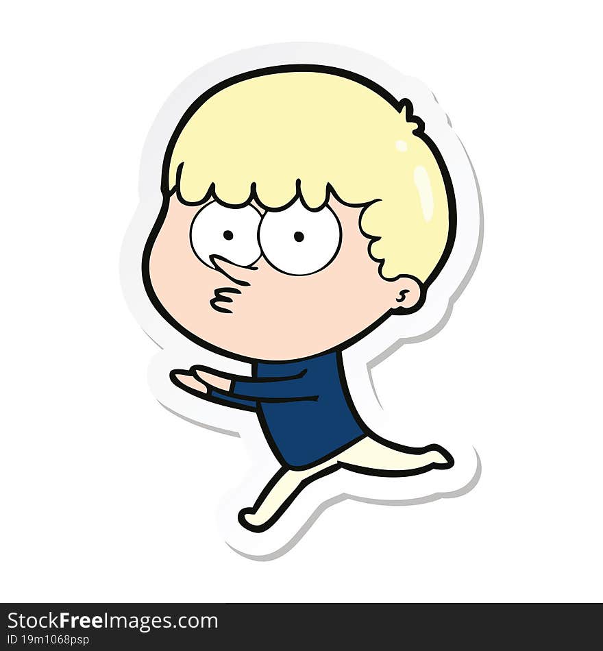 sticker of a cartoon curious boy running