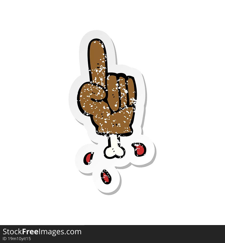 retro distressed sticker of a cartoon pointing severed hand