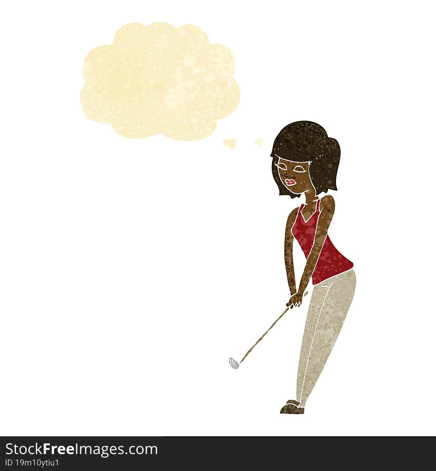 Cartoon Woman Playing Golf With Thought Bubble