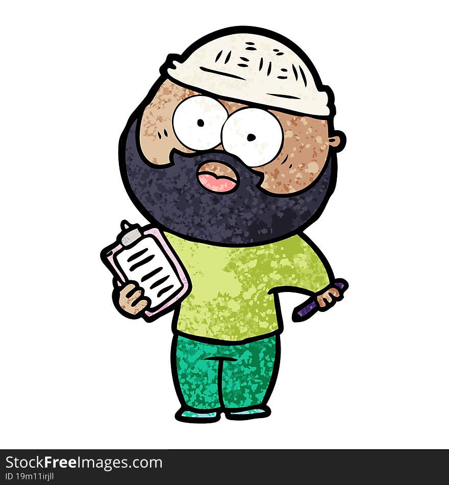 cartoon bearded man with clipboard and pen. cartoon bearded man with clipboard and pen