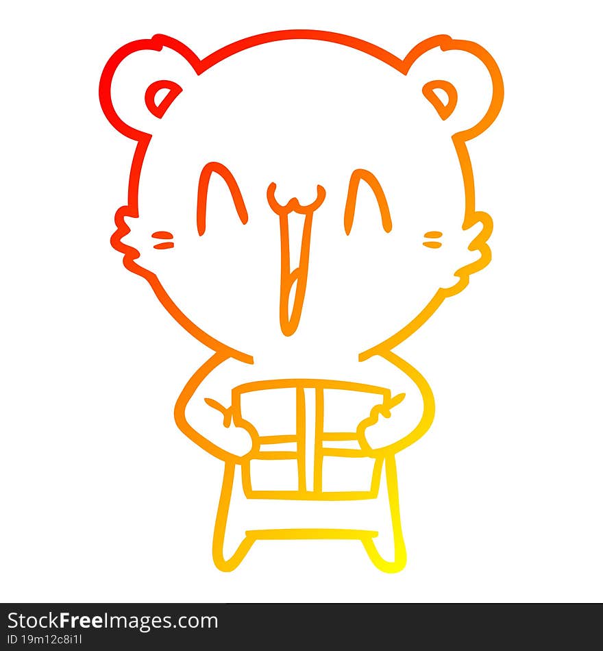 warm gradient line drawing happy bear with gift cartoon