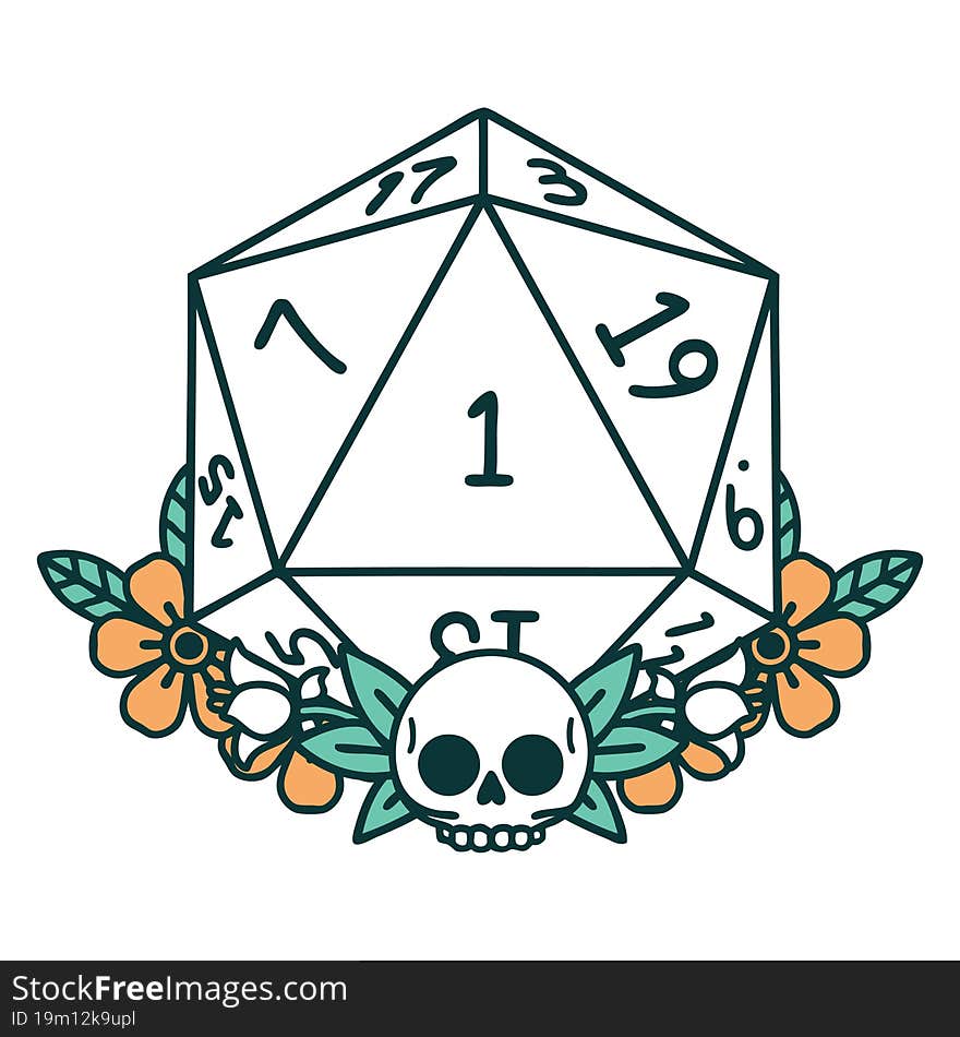 natural one dice roll with floral elements illustration