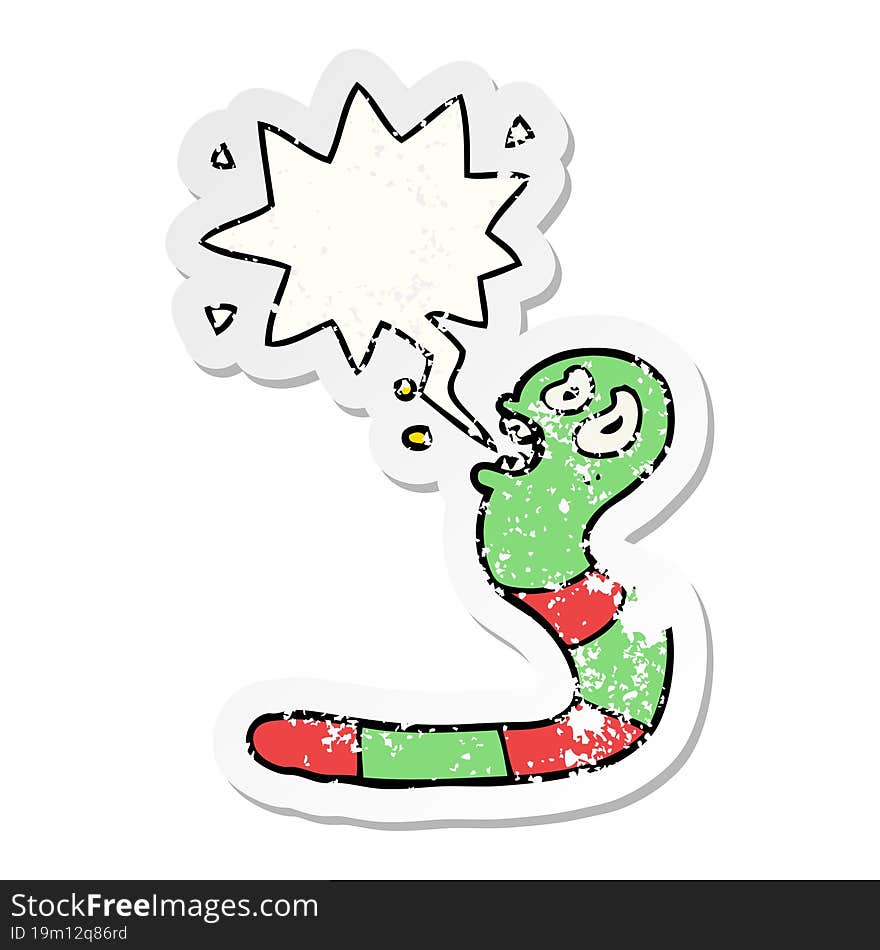 cartoon frightened worm and speech bubble distressed sticker