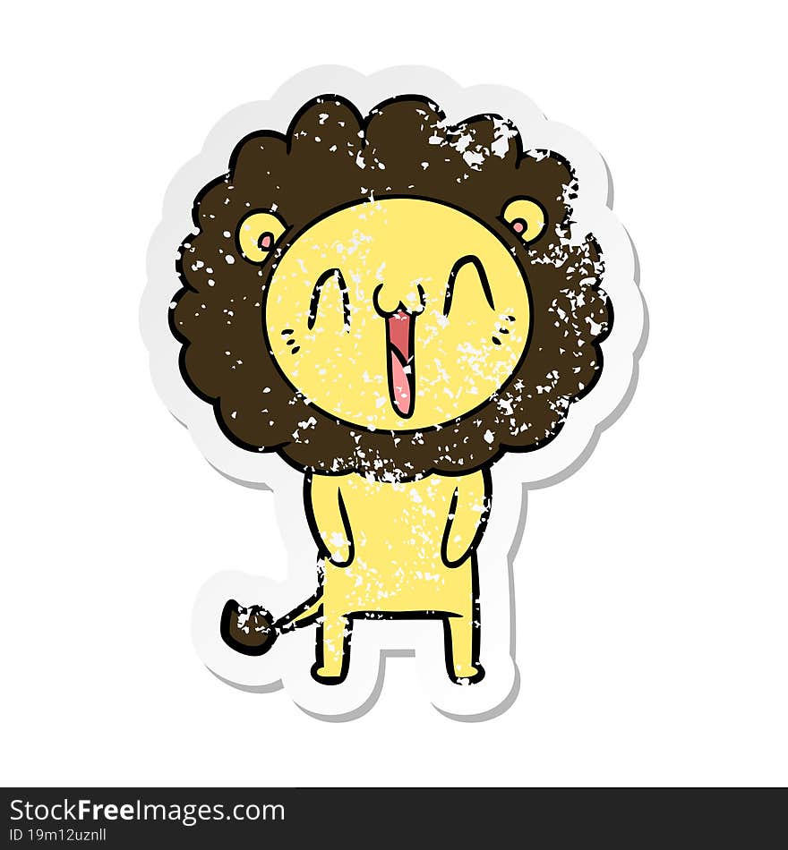 distressed sticker of a happy cartoon lion