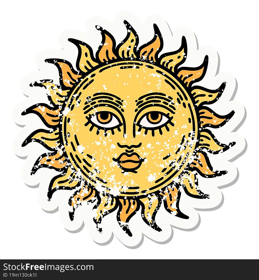 traditional distressed sticker tattoo of a sun with face