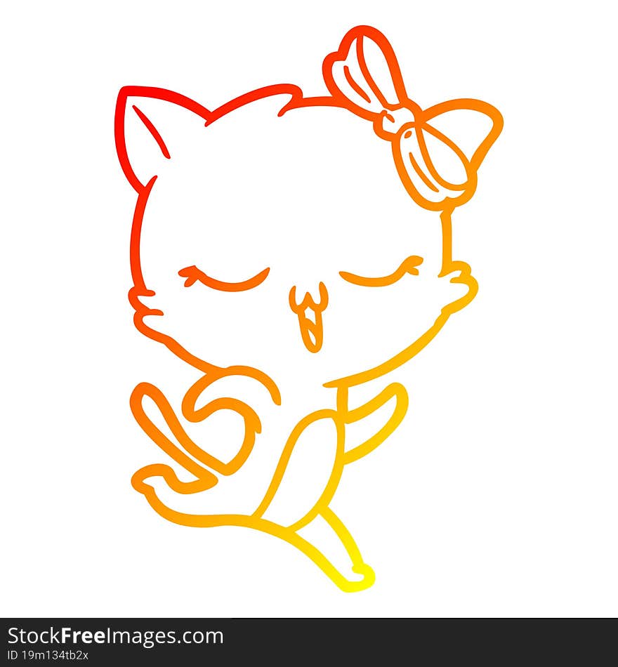 warm gradient line drawing cartoon cat with bow on head