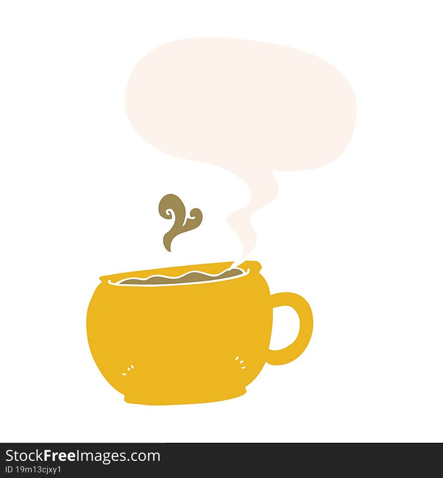 cartoon coffee cup with speech bubble in retro style