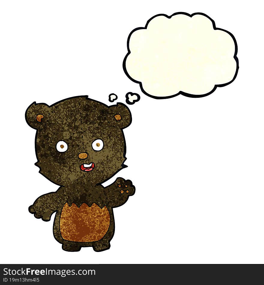 cartoon waving black bear cub with thought bubble