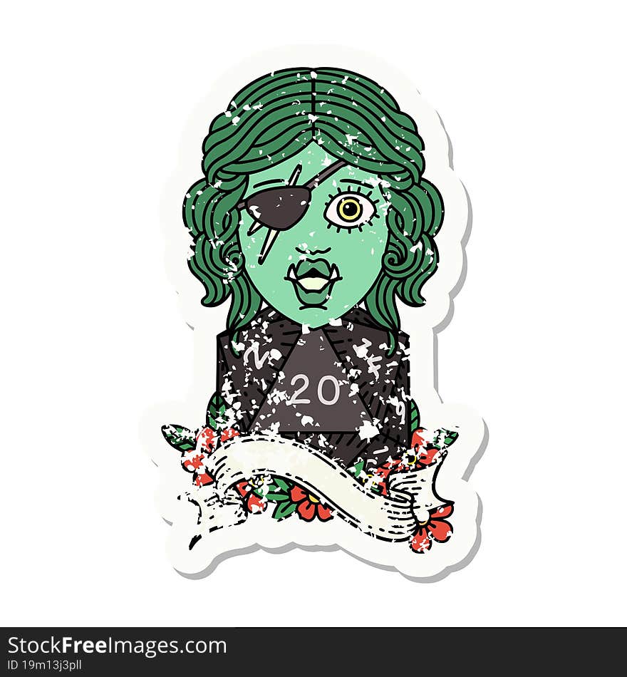 orc rogue character with natural twenty dice roll grunge sticker