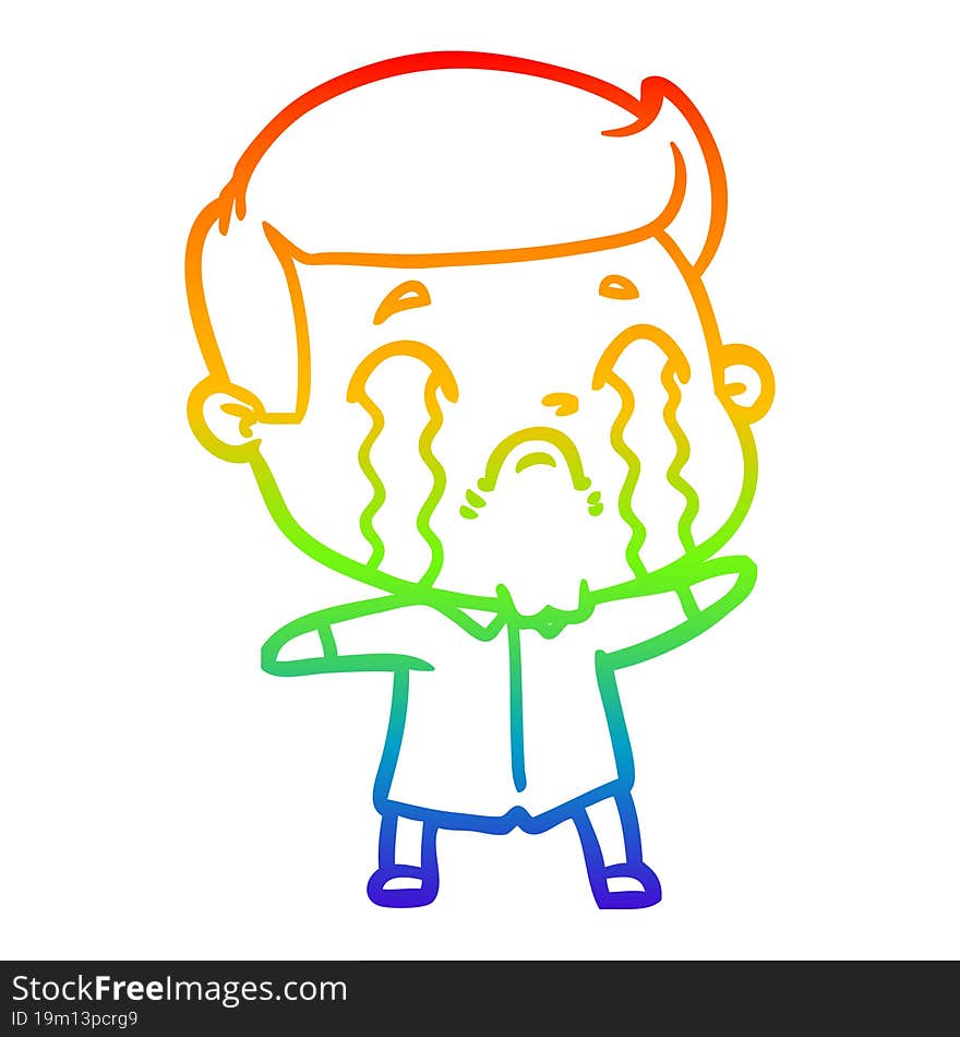 rainbow gradient line drawing of a cartoon man crying