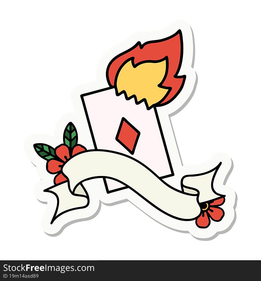 tattoo sticker with banner of a flaming card