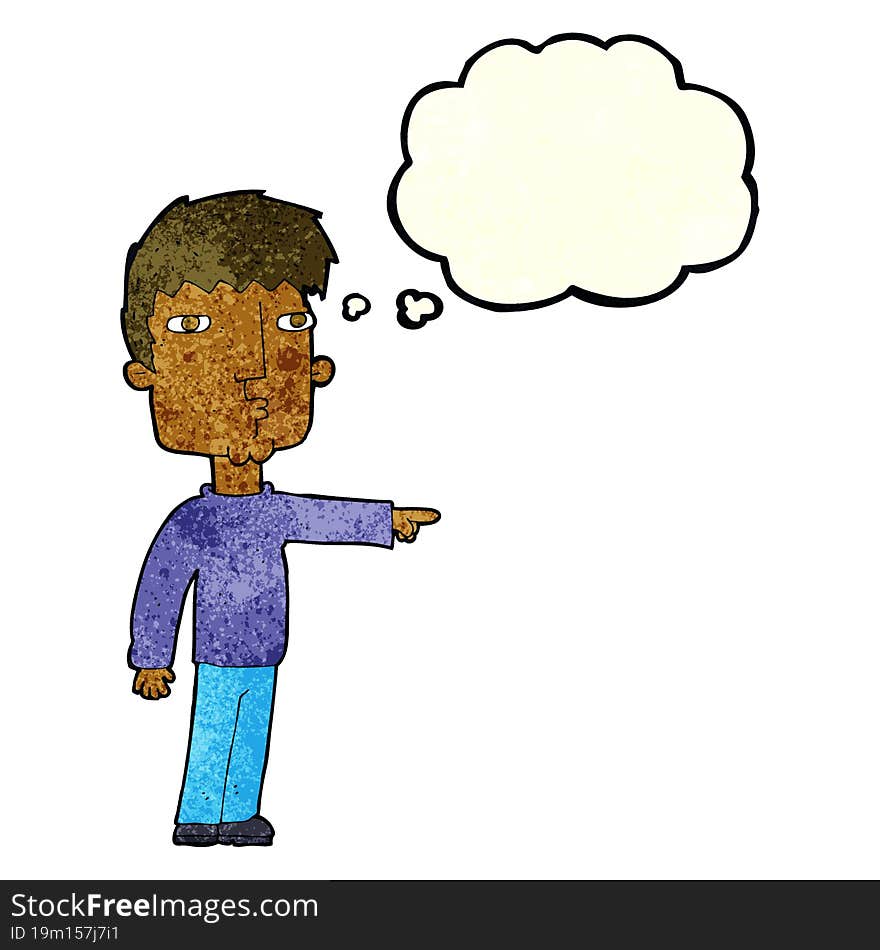 cartoon pointing man with thought bubble