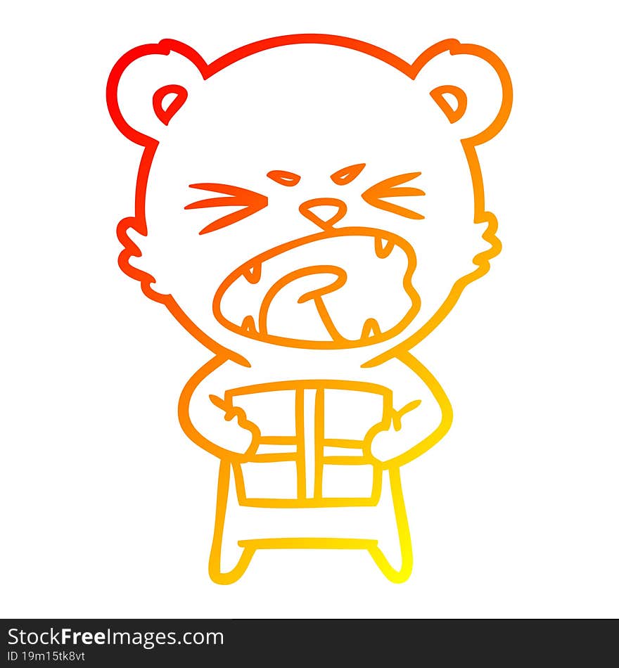 warm gradient line drawing angry cartoon bear with present