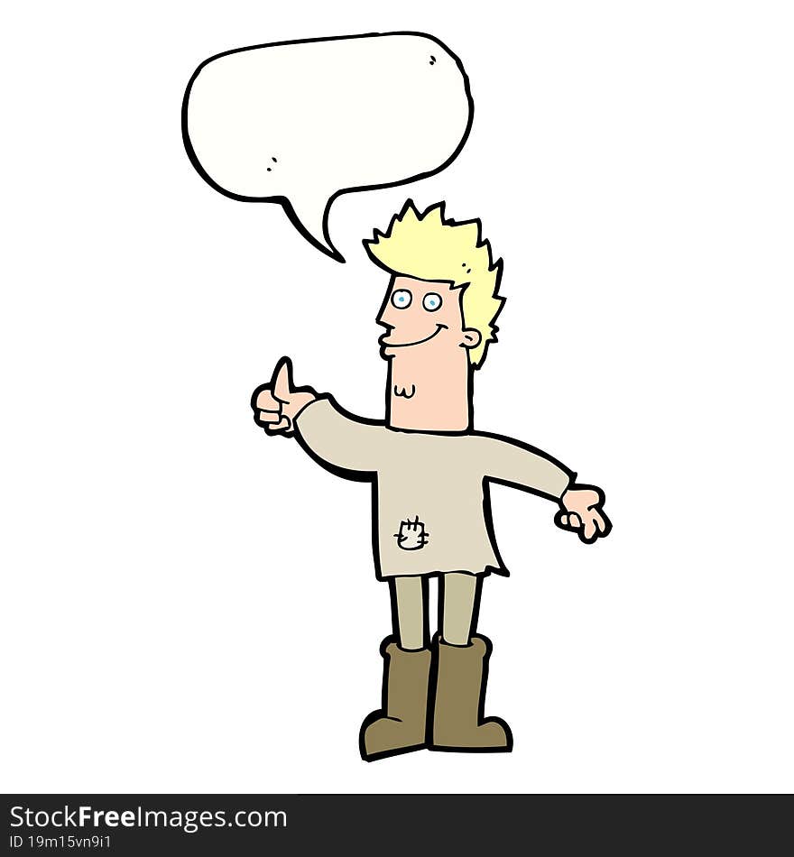 cartoon positive thinking man in rags with speech bubble