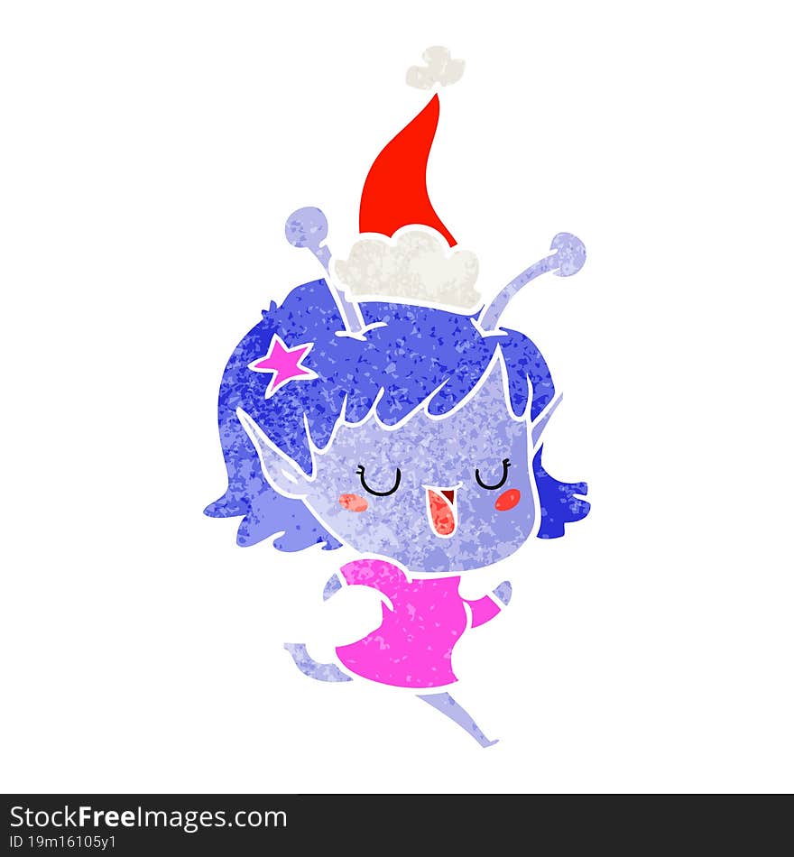 happy alien girl retro cartoon of a wearing santa hat