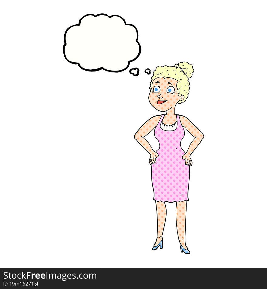 freehand drawn thought bubble cartoon woman wearing dress