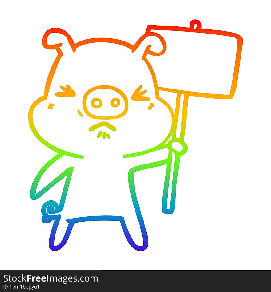 rainbow gradient line drawing of a cartoon angry pig