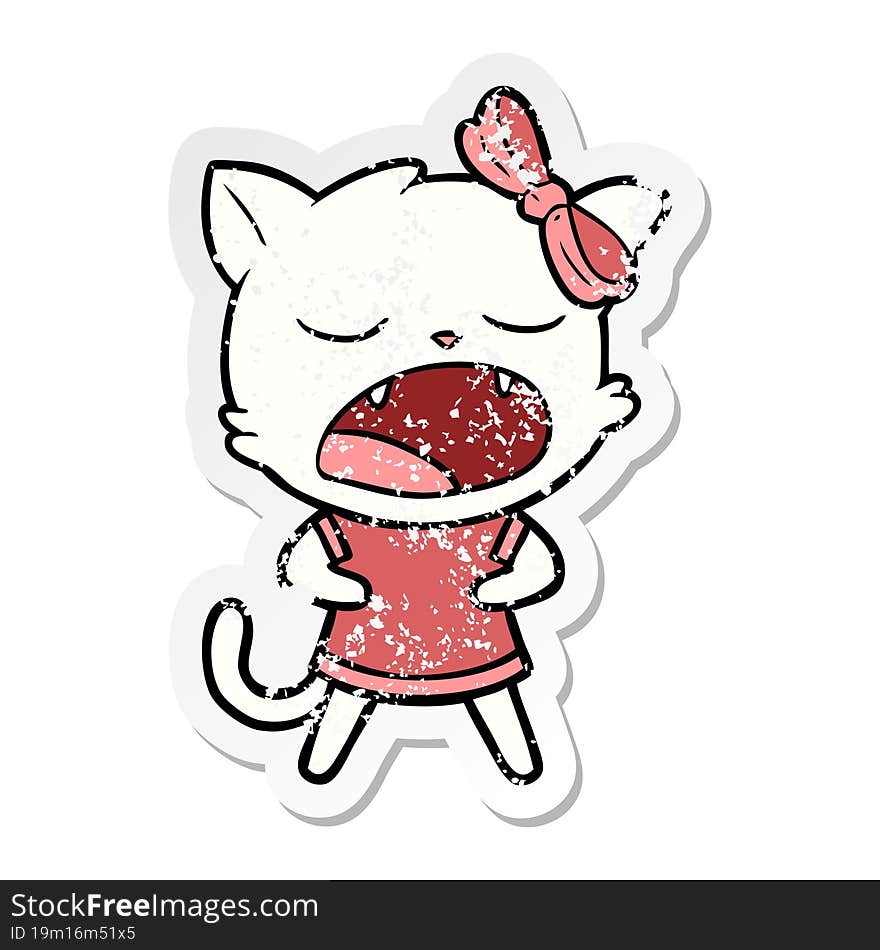 distressed sticker of a cartoon yawning cat