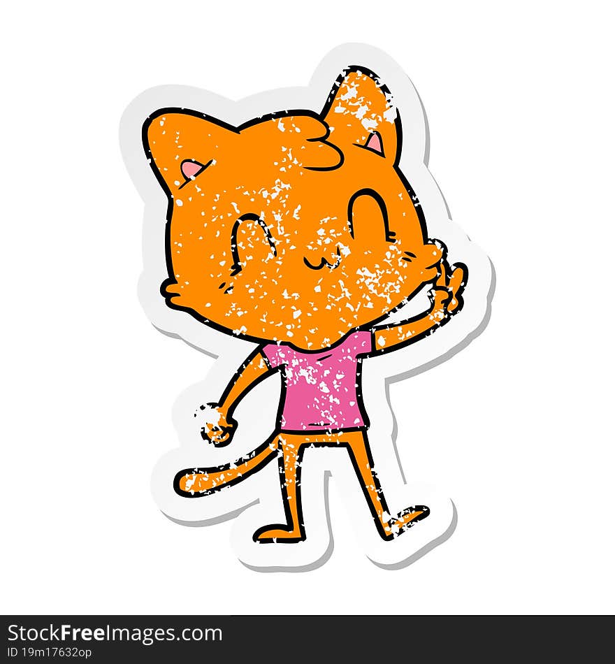 distressed sticker of a cartoon happy cat giving peace sign