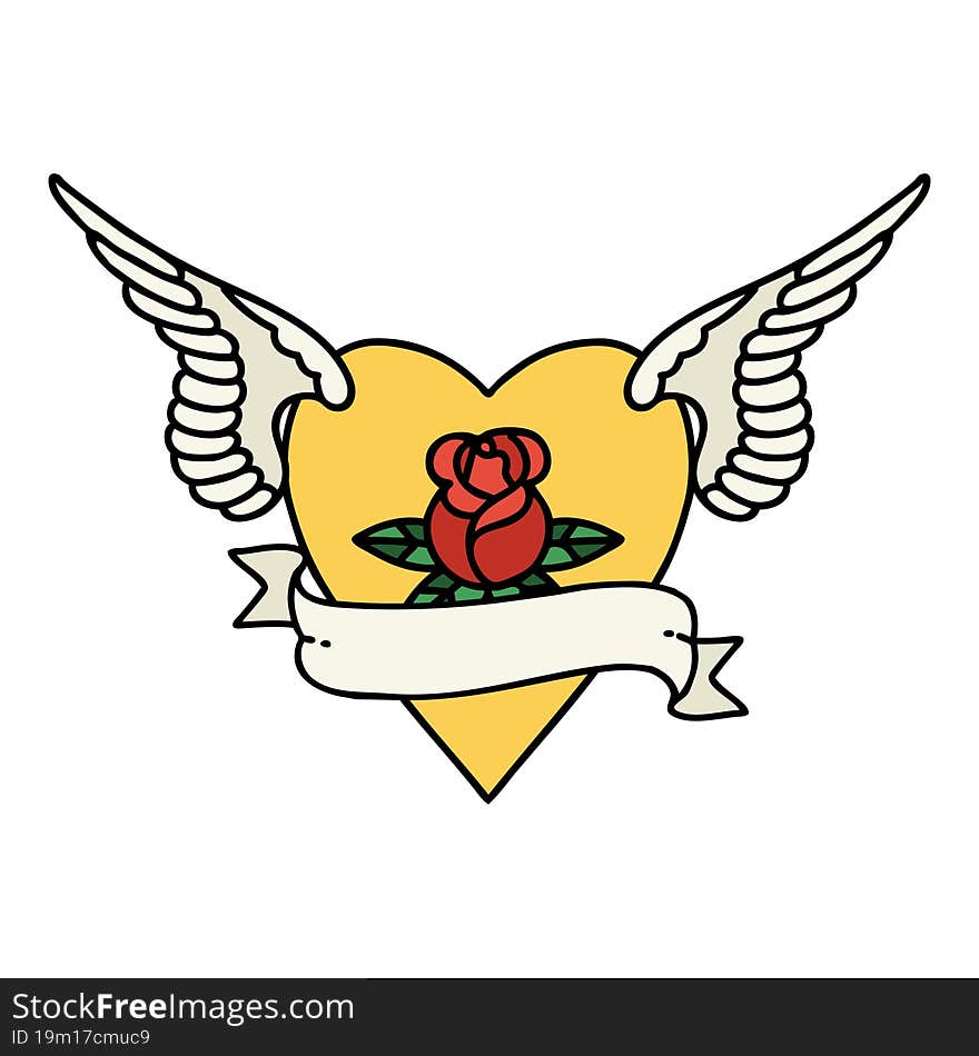 tattoo in traditional style of heart with wings a rose and banner. tattoo in traditional style of heart with wings a rose and banner