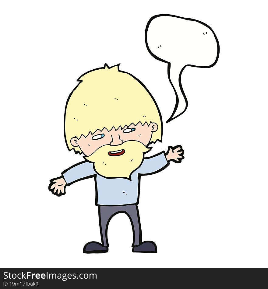 cartoon happy bearded man waving with speech bubble