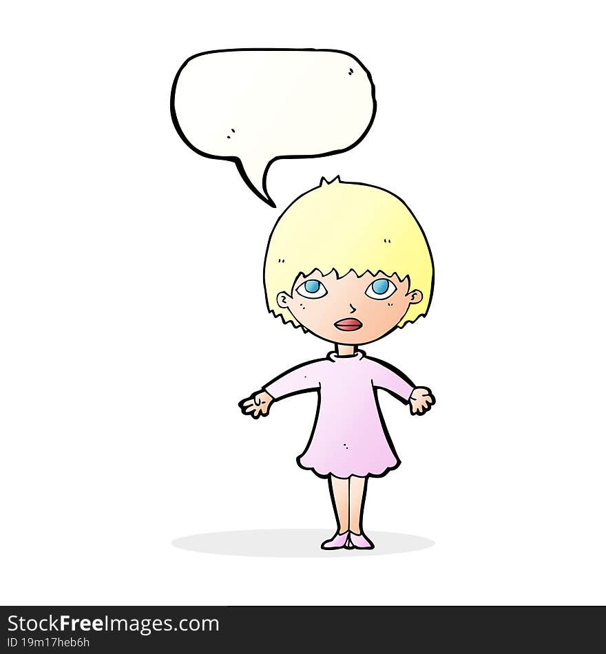 cartoon woman in dress with speech bubble