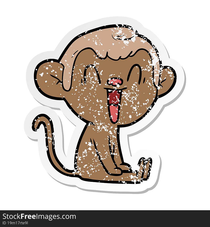 distressed sticker of a cartoon laughing monkey