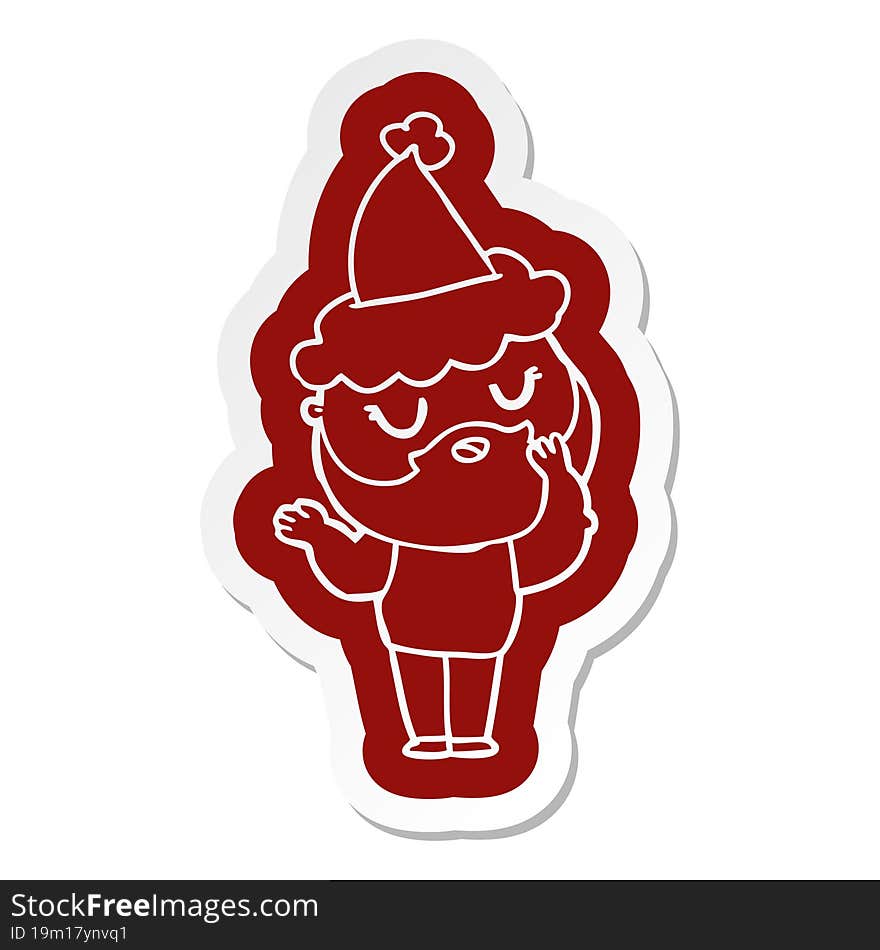 cartoon  sticker of a man with beard wearing santa hat